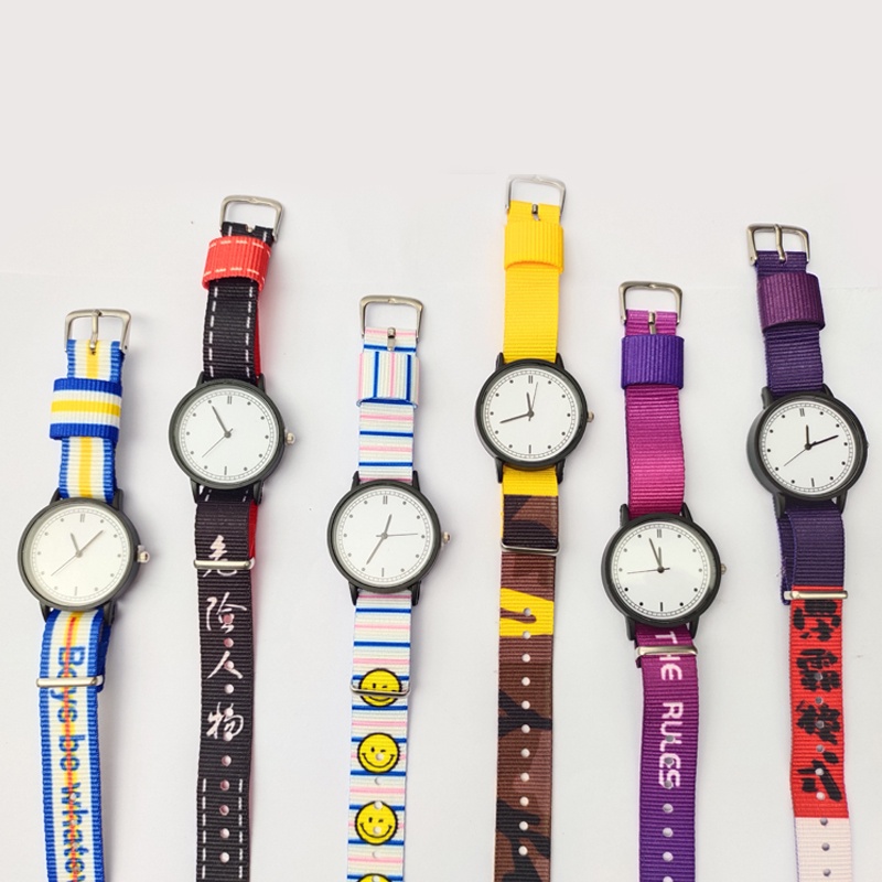 Jam Tangan Analog Gaya Korea Strap Nylon / Jam Tangan Strap Nylon Motif Tulisan Unisex