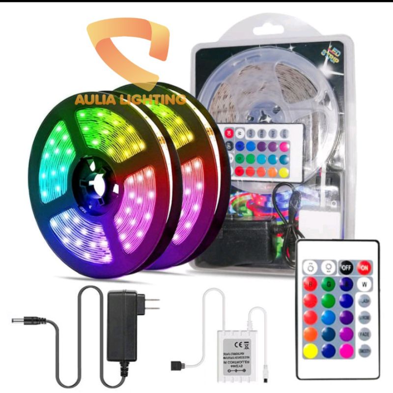 Paket Lampu Led Strip RGB 5m 10m Warna Warni DISCO Hias Natal Warna warni Kamr tidur tiktok tempel dinding remote + adaptor 5 10 meter