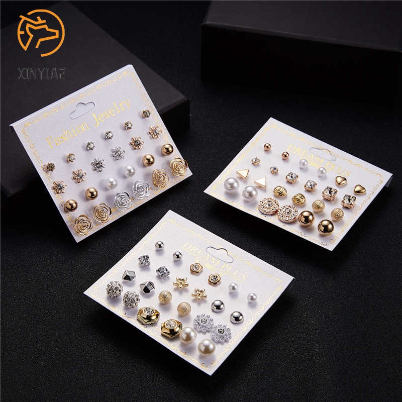 12 Pasang/Set Anting korea Tusuk Model Mutiara Intan Bentuk Bulat Gaya Korea Untuk Wanita Earrings piercing aksesoris wanita-3