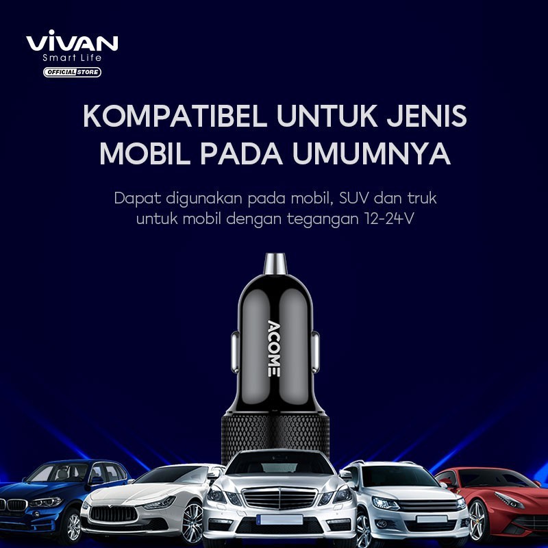 VIVAN Car Charger VCC01 2.4A Dual Port Small Sever Mobil Portable white Cable 100cm Garansi Resmi