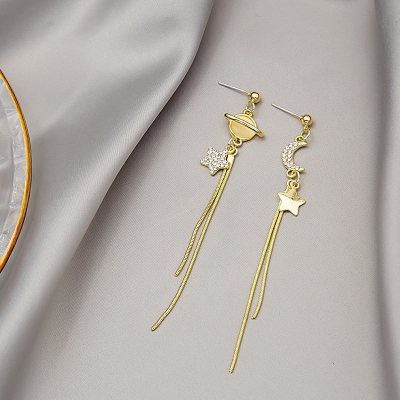 Anting Tusuk Gantung Asimetris Desain Bintang + Bulan + Bintang + Mata Kucing Untuk Wanita