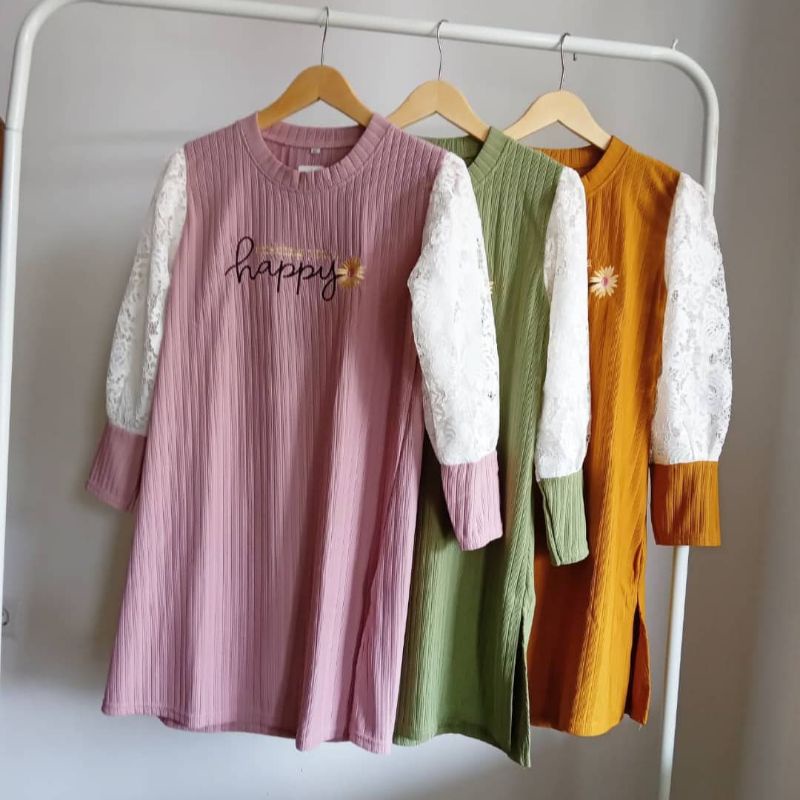 Tunik Happy Tunik Kekinian RIB import bordir lengan brukat bahan brokat tangan balon