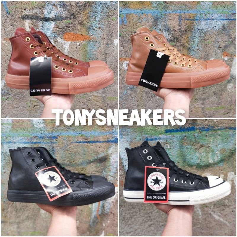 CONVERSE KULIT ALL STAR LEATHER DARK BROWN FULL BLACK WHITE PREMIUM