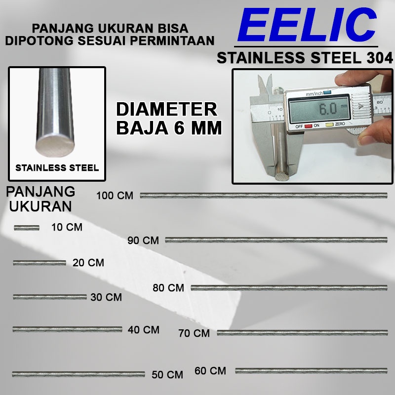 EELIC BEB-D6STAINLESS SILVER BESI BETON BULAT POLOS STAINLESS STEEL 304 BESI BULAT TANPA KARAT DIAMETER 6 MM DENGAN PANJANG 40 CM COCOK UNTUK DIY MESIN-MESIN BERKUALITAS TINGGI