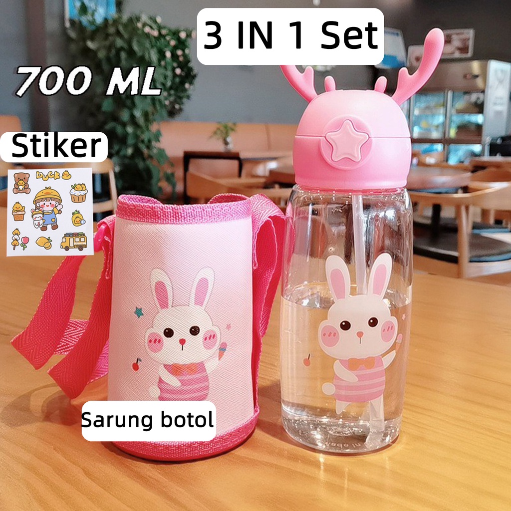 Botol Minum Anak Desain Unik Variasi Motif Karakter terdapat Sedotan BPA FREE bottol minum sedotan cangkir jerami cangkir plastik lucu cangkir kartun portabel 480ML 1000ML-Pink rabbit 3 IN 1