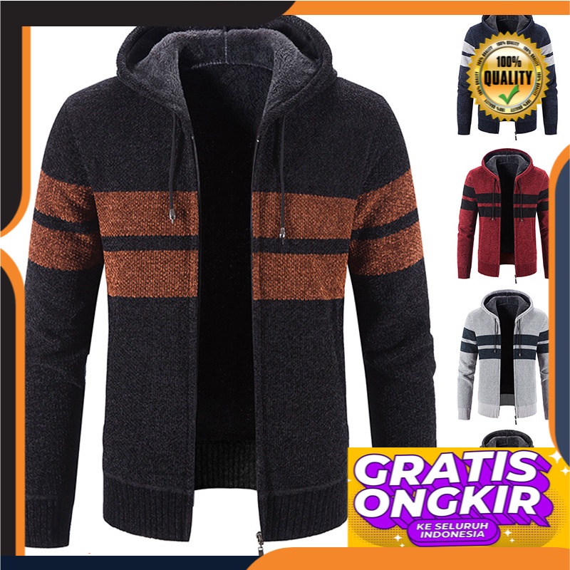 Hooded Mantel Pria Korea Fashion Style Bulu  Tebal Chenille Jaket Thermal Merajut Ritsleting cardiga