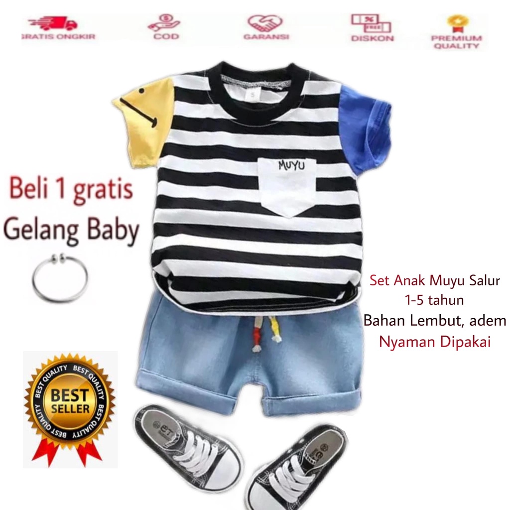 Setelan Baju Anak Laki Laki Usia 1-5 Tahun Import Style Set Pakaian Kaos Lengan Pendek Motif Muyu Sa
