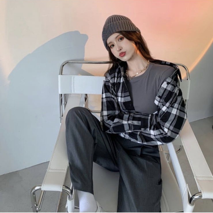 BEFAST - ZEC OOTD Wanita Kemeja Crop NIKEN / Jennie Plaid Crop / Kemeja Crop Wanita / Kemeja Ala Korean Style / Kemeja Motif Kotak-Kotak