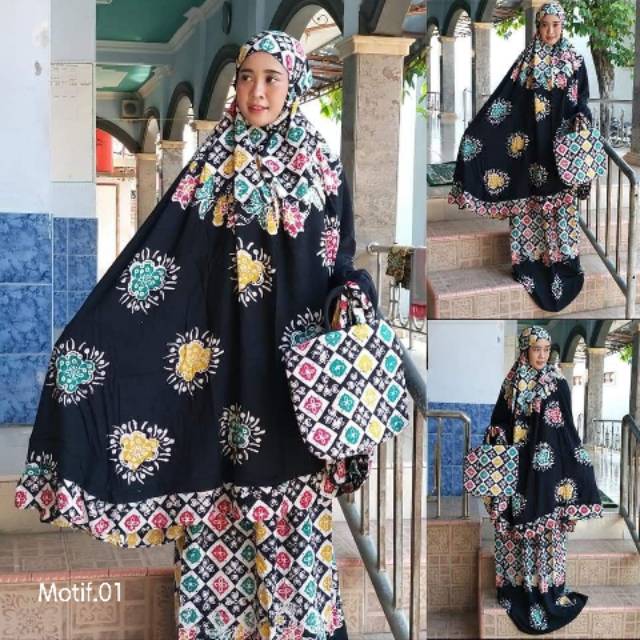 Mukena Rukuh Jumbo Batik Cap Pekalongan Motif Hitam Manis