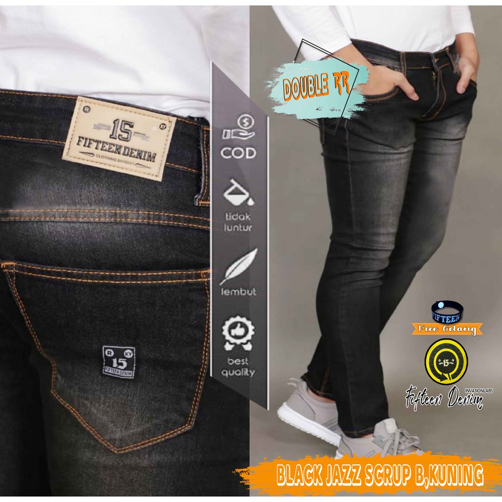 FIFTEEN DENIM - Celana Jeans Pria Slim Fit Streetch Original New Fifteen Denim / Celana Pria Jeans BLACK JAZZ SCRUP BKUNING