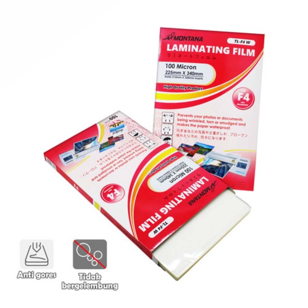 

PLASTIK LAMINATING FILM F4 TL-F4W MONTANA ( 1 PACK ISI 100 LEMBAR )