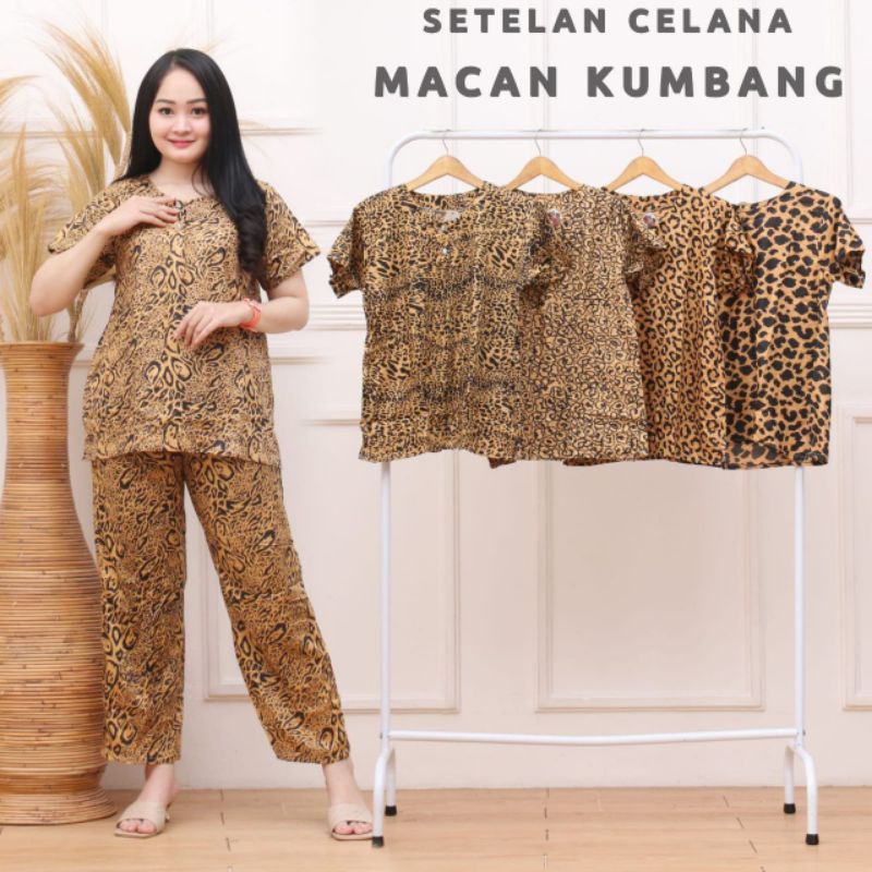 Setelan celana panjang set piyama lengan pendeka macan tutul baju tidur wanita