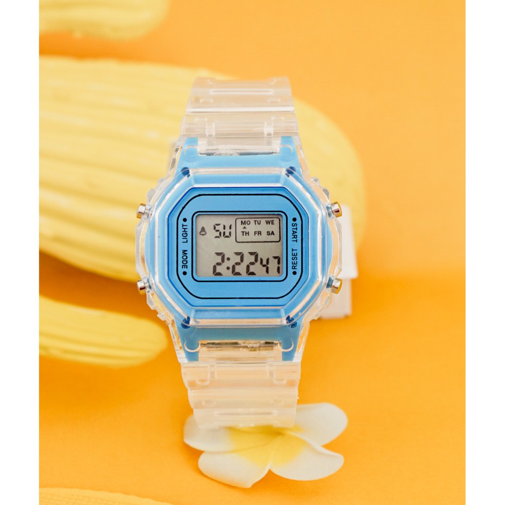 JAM TANGAN RUBBER DIGITAL SEGI DW-5600 TRANSPARAN MURAH KARET SPORT LED PRIA WANITA COUPLE JF059-BIRU