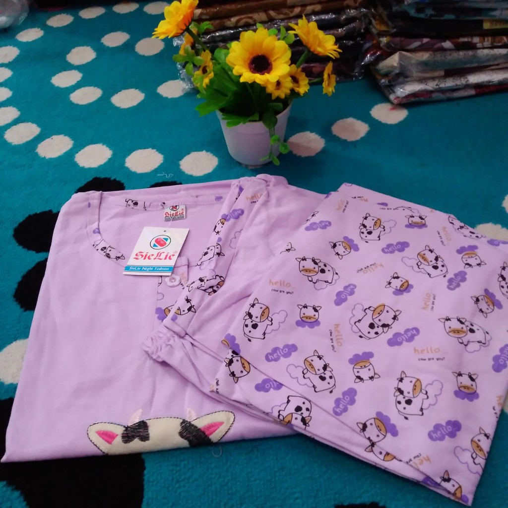 Termurah 3in1 Sie Lie Setelan Baju Tidur Wanita Dewasa Piyama Daily Set Bahan Kaos Tebal Allsize-Ungu
