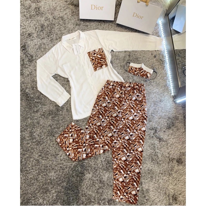 One Set Zaza Dior Piyama Long Setelan Wanita Berbahan Rayon Atasan Kemeja Putih Baju Wanita Cantik