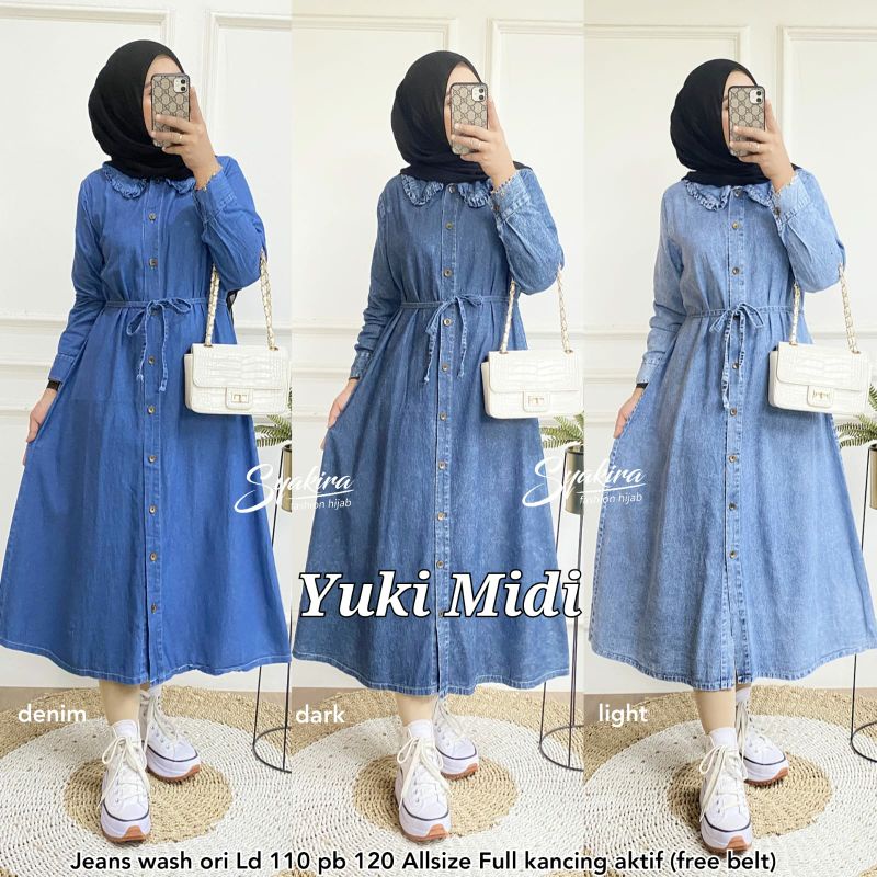 Midi Dress Material Jeans Wash Ori LD110 PB120 FreeBelt Full Kancing Aktif | Yuki Midi By Syakira