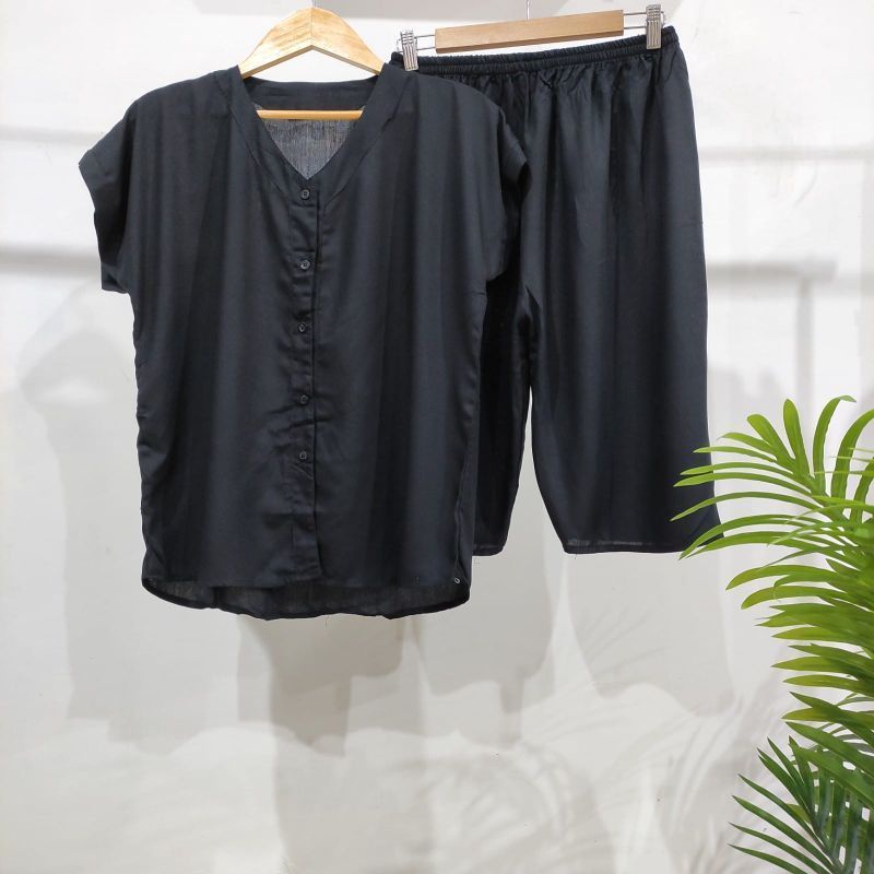 PIYAMA POLOS KANCING | PIYAMA BUSUI | BAJU SANTAI MURAH | HOMEDRESS MURAH | HOMEWEAR MURAH-VN 7/8 HITAM