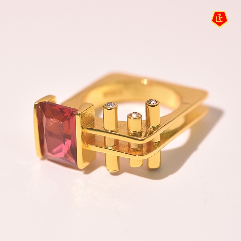 [Ready Stock]Temperament Personality 18K Gold Ruby Geometry Ring