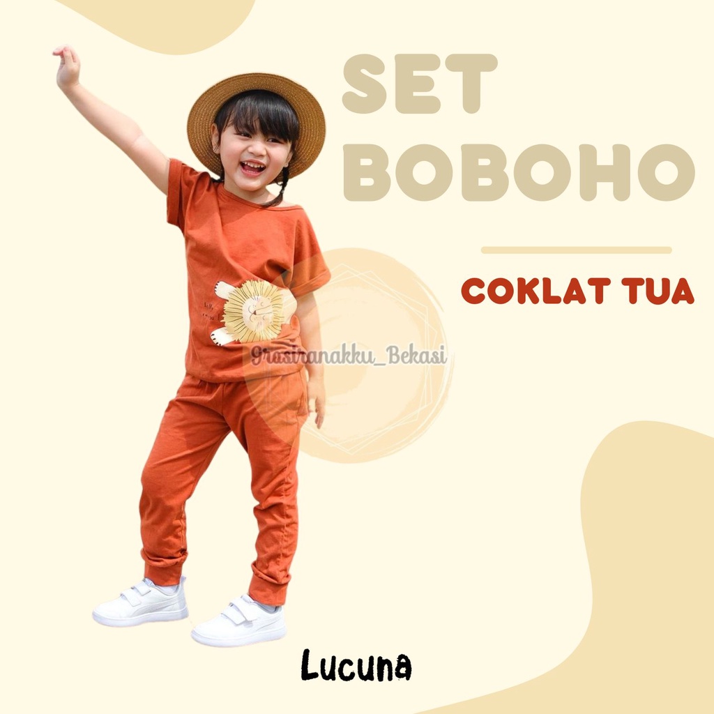 Setelan Anak Unisex Boboho Lucuna  Warna  Coklat Tua Size 1-5 Thn