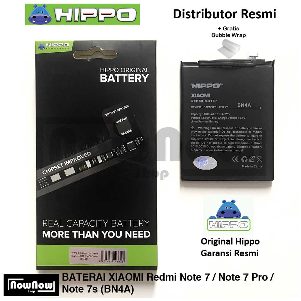 Baterai Hippo Xiaomi Redmi Note 7 / Note 7 Pro / Note 7s BN4A BN 4A 4000 mAh Garansi Resmi Hippo Original Batre Batrai Battery HP