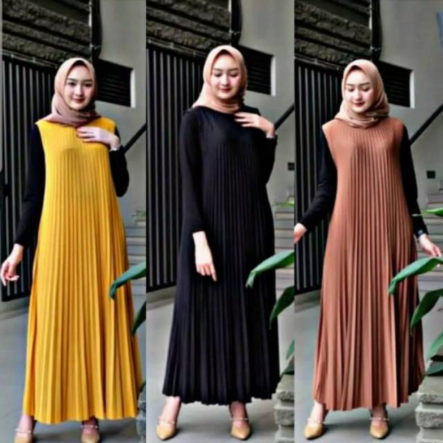 Long Dress Plisket Dewasa / Full Plisket Depan Belakang