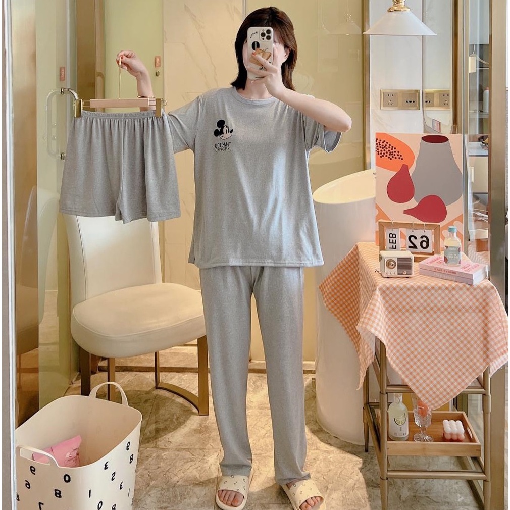 AJW Shop Piyama 3in1 | Piyama Import Dewasa | Setelan Wanita Kekinian | Baju Tidur Wanita Dewasa-Mic Grey