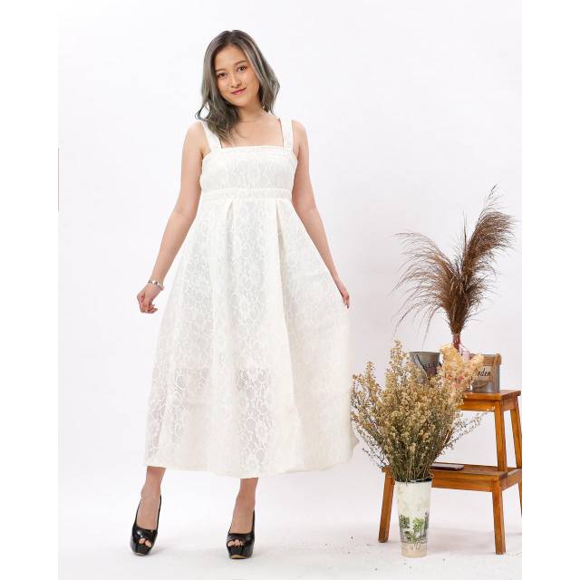 MIDI DRESS PUTIH DRESS BRUKAT PESTA MEWAH