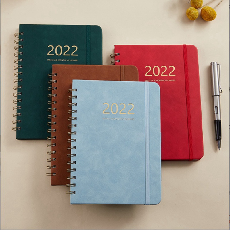 Weekly Plan Book Full English Schedule Book PU Leather Notebook 2022 Elastic Band Notepad Red