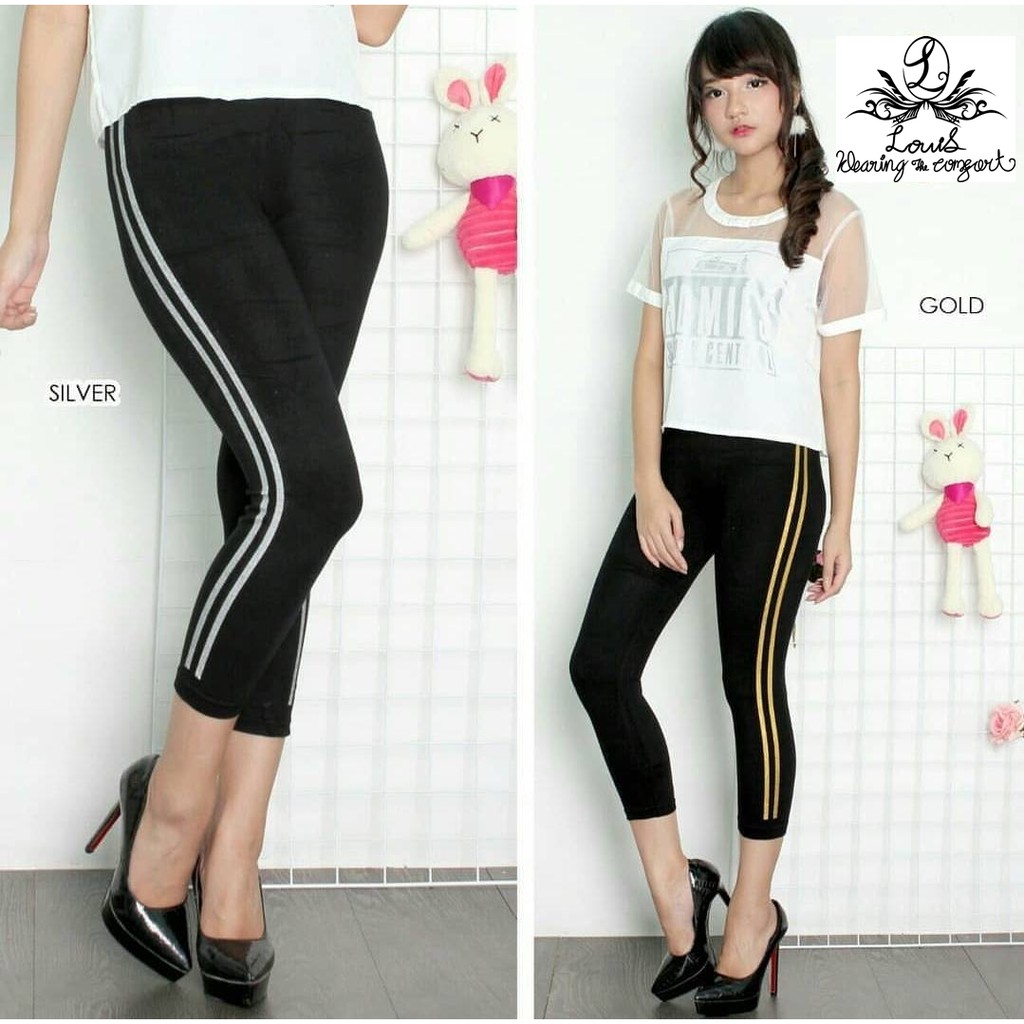  Celana  Legging  7 8 Cewek Wanita Sablon List Garis  Emas 