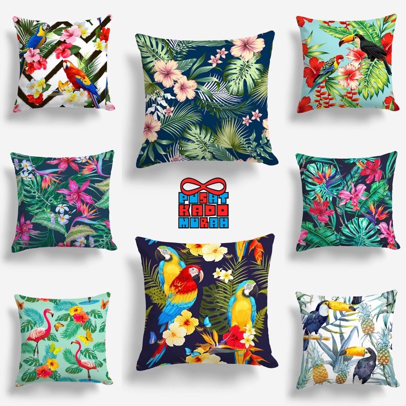 Bantal Sofa Print Motif Tropical Forest Flamingo Parrot Flowers Bunga Daun Leaves 40x40 cm - Pusat Kado Murah