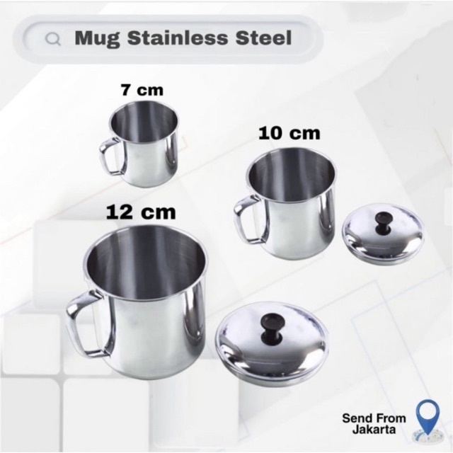 INDOLINE - MUG STAINLESS STEEL DENGAN TUTUP - GELAS CANGKIR KOPI TEH 10CM DAN 12CM