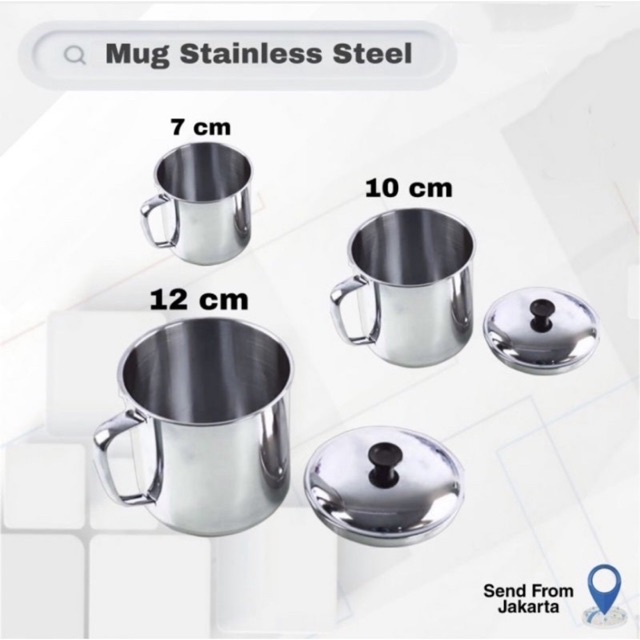 MUG STAINLESS STEEL DENGAN TUTUP - GELAS CANGKIR KOPI TEH 10CM DAN 12CM