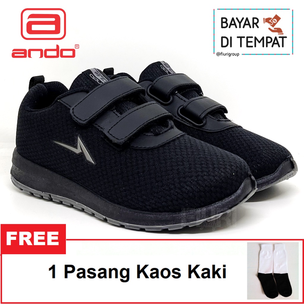 FIURI - ANDO ORIGINAL -  NITTA PEREKAT 29-36 FULL HITAM - SEPATU SNEAKERS KANVAS SOL KARET ANAK KECIL PEREMPUAN  - SEPATU KETS LUCU FASHION TRENDY - SEPATU SEKOLAH PAUD TK SD KRETEKAN PEREKAT CEWEK MURAH PROMO DISKON BONUS KAOS KAKI