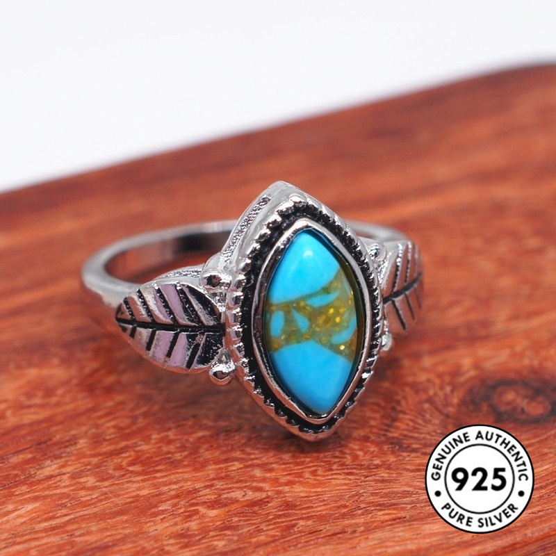 Cincin S925 Silver Bentuk Daun Turquoise Gaya Retro