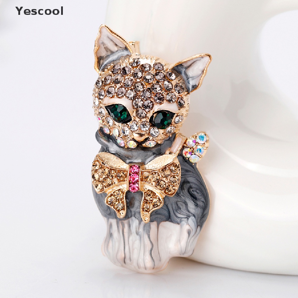 Yescool Bros Pin Enamel Desain Kartun Kucing Mata Hijau Hias Kristal Untuk Aksesoris Tashadiah