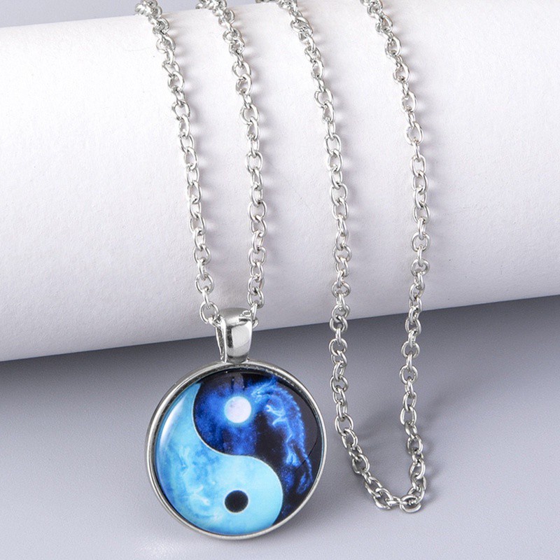 Chinese Feng Shui Bagua Yin Yang Tai Chi Pendant Necklace Flower Butterfly Glass Cabochon Charm Chain Necklace Jewelry|Pendant Necklaces