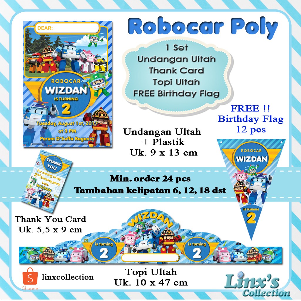 1 Set Undangan Ultah Anakkartu Souvenirtopi Ulang Tahun Robocar Poli