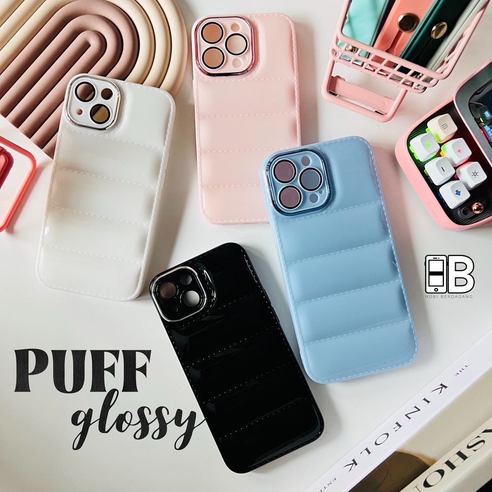 Glossy PUFF Case dengan Pelindung Lensa Kamera Lens Cover Casing iPhone X XR XS 11 12 13 PRO MAX