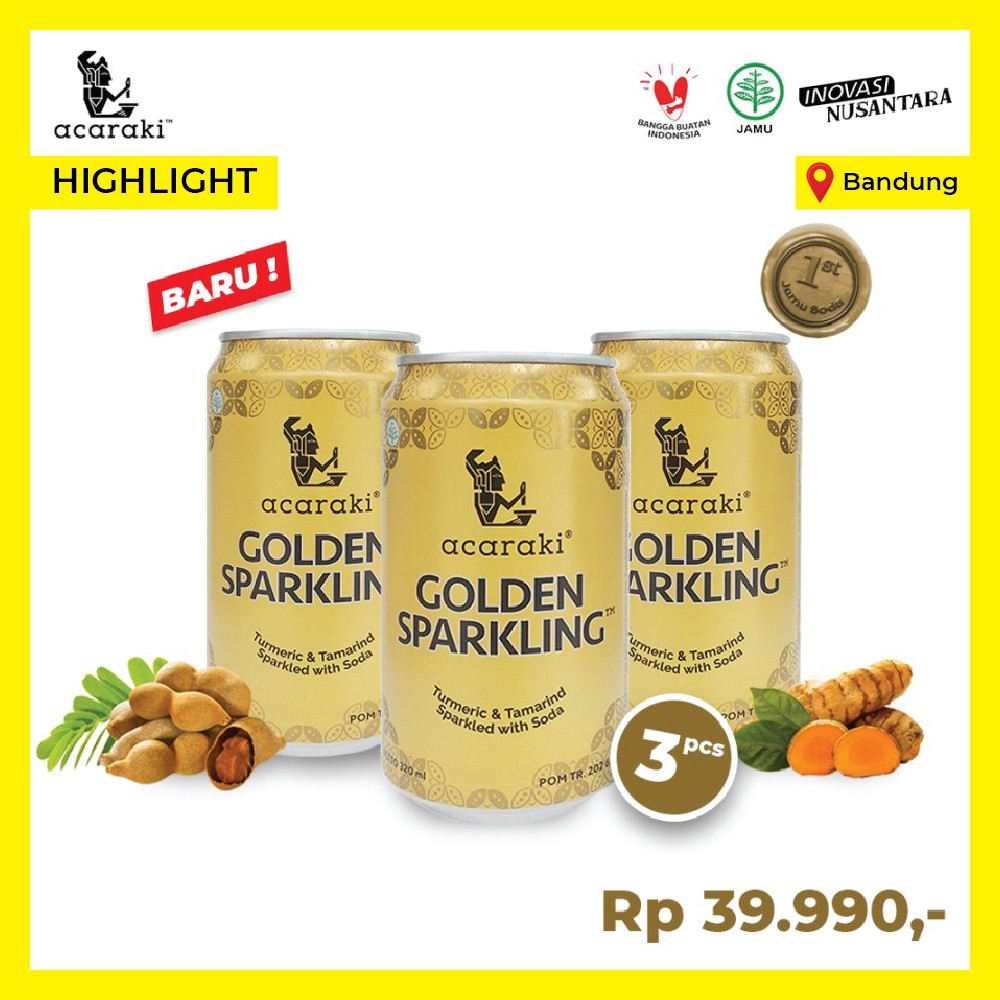 

Acaraki Golden Sparkling - Kunyit Asam with Soda - Paket isi 3pcs Kaleng @320ml - Bandung