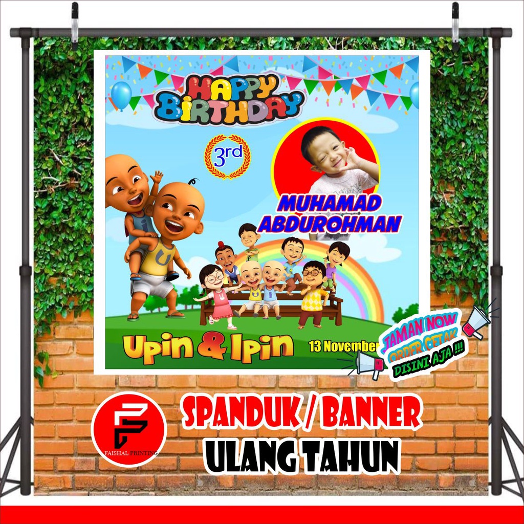 Spanduk / Banner / Backdrop Ulang Tahun Custom Tema Upin Ipin ukuran 1 x 1 m