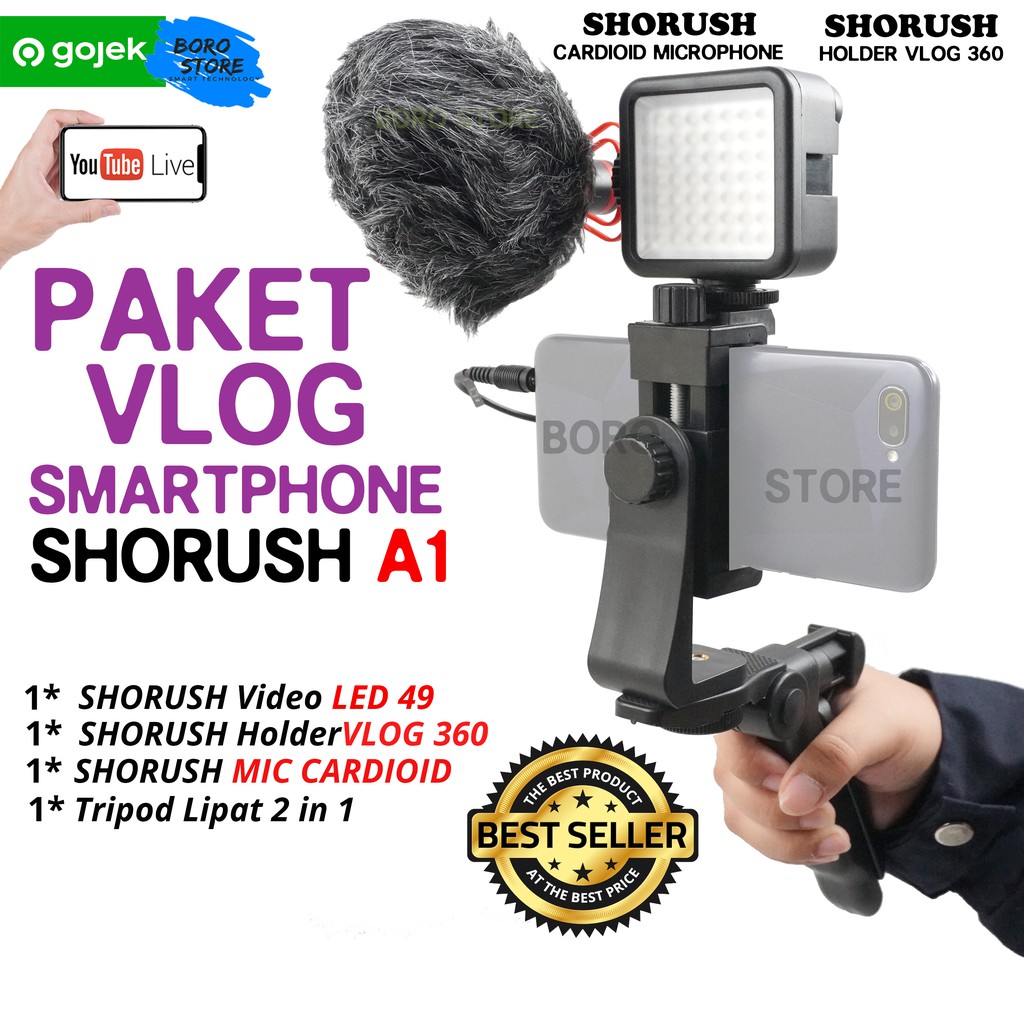 PAKET VLOG Smartphone A3 Mic Mikrofon SHORUSH Wireless Clip on Tripod Holder Youtuber HP