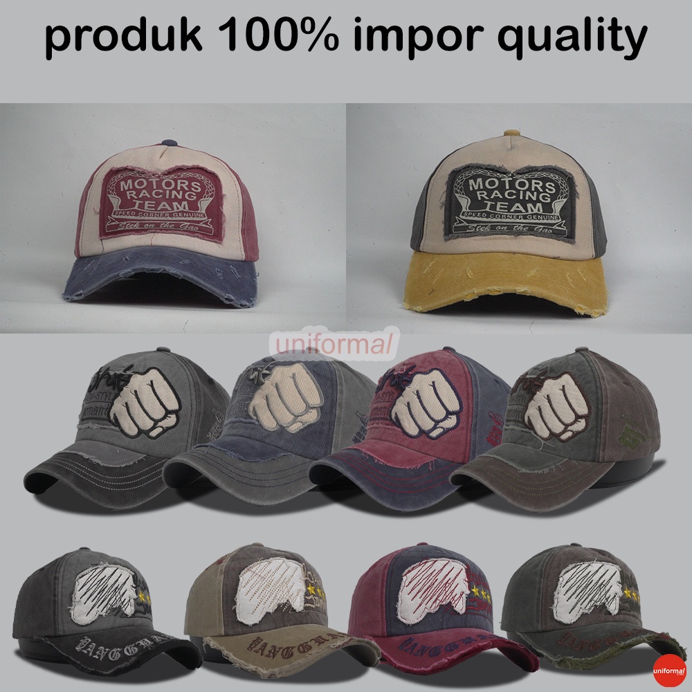 TOPI BASEBALL BORDIR 100% IMPOR HIGH PREMIUM QUALITY / TOPI IMPORT FASHION CAP PRIA WANITA SOBEK RIPEED VINTAGE PUNK JEANS GEMBEL JAMONT MODE / JOMANT JMT / NEW YORK EST 1625 / NEW ERA / NYC / MOTORS MOTOR RACING TEAM / YANGGUAN