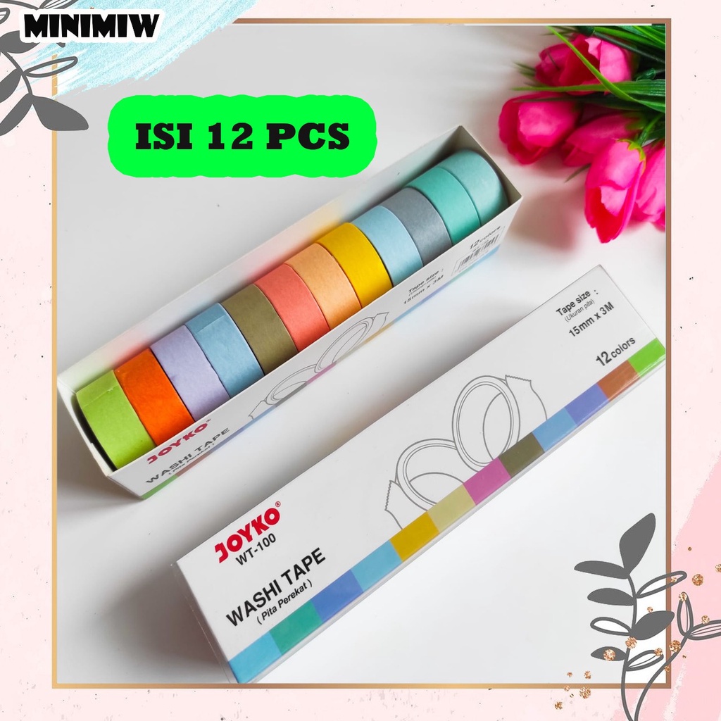 SELOTIP WASHI TAPE JOYKO KODE WT-100 SOLATIP WARNA WARNI JURNAL PEACH PASTEL 1 BOS ISI 12 WARNA MURAH