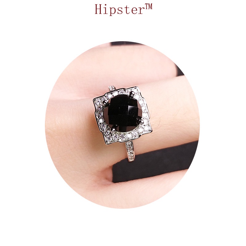 Popular European and American Goths Style Creative Inlaid Square Black Agate Ring