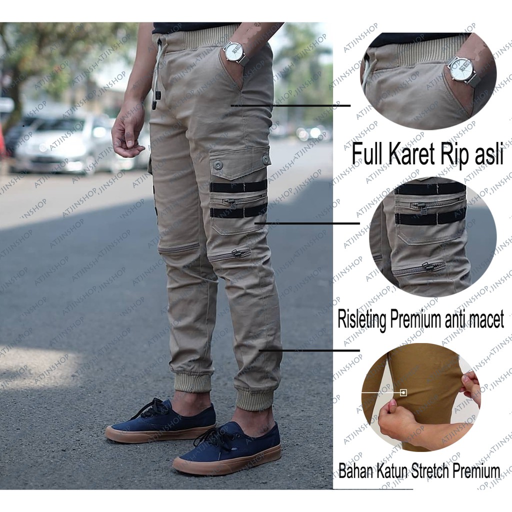 Atjin- Celana Joger Kargo Korea Bahan Twill Tebal Slim Fit [Hitam-Abu-Krem]