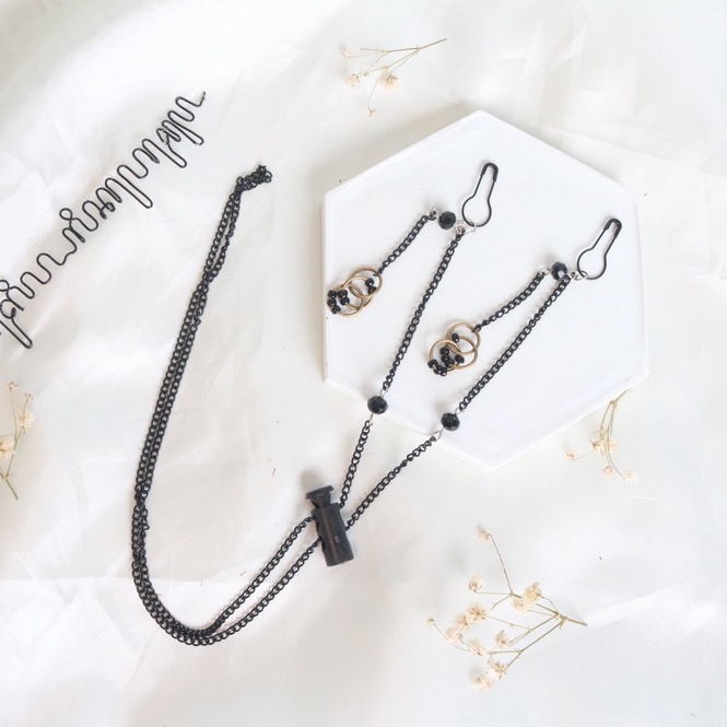 Strap Konektor Rantai Black Ring 2in1 by Pagi - Strap Masker Hijab - Serut Stopper - Transparan Tali Kalung Gantungan Masker - Asesoris Hijab - Strep