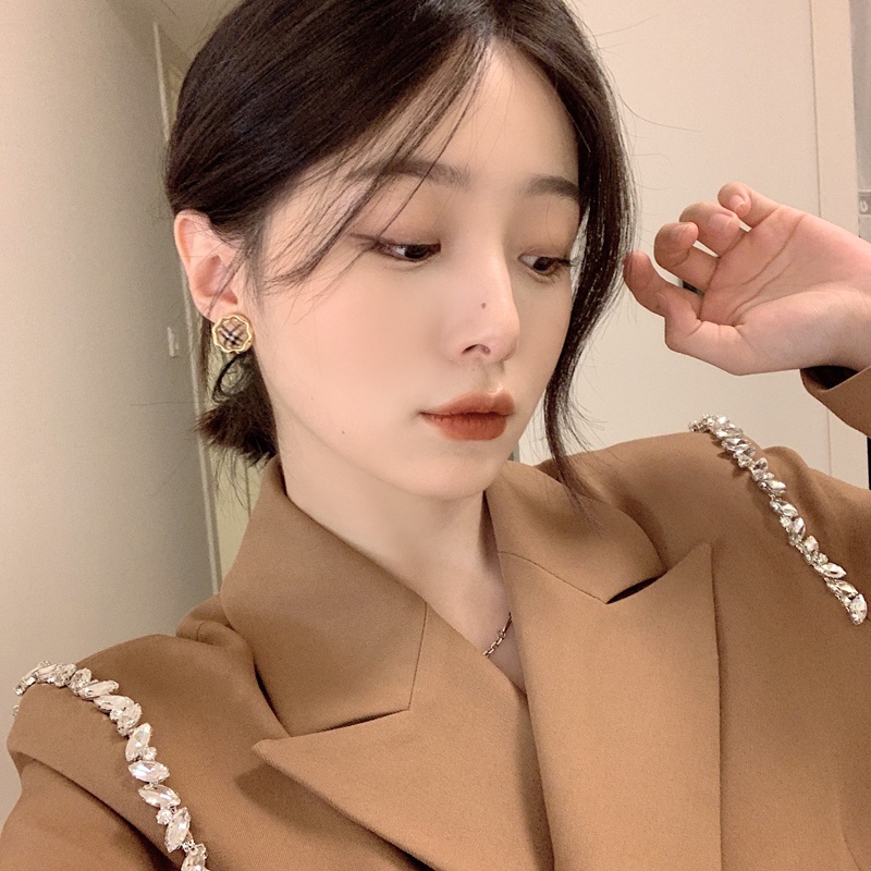 Anting Bulat Kotak-Kotak Vintage lady Manis Lucu Korea