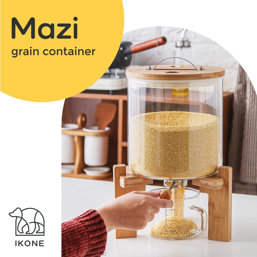 【IKONE】MAZI Rice Dispenser Tempat Penyimpanan Beras Wooden Rice Dispenser Dispenser Beras Kayu Tempa