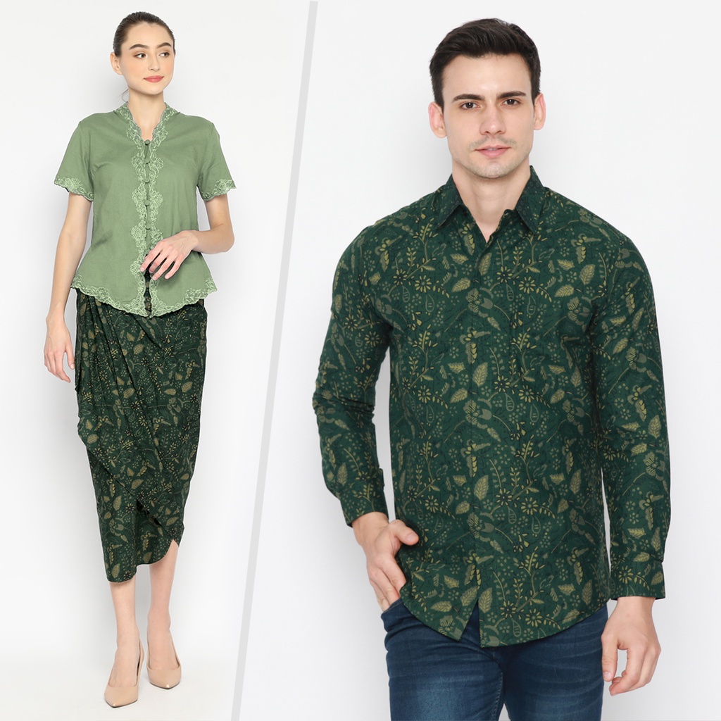 BATIK COUPLE MODERN Kemeja Rok Lilit Instan Batik Pria Lengan Panjang Premium Motif Daun Hijau 72107