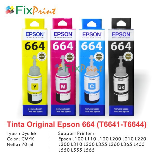 Tinta Printer Epson Original L100 L110 L120 L200 L210 L220 L300 L310 L350 L355 L360 L360 L455 L550